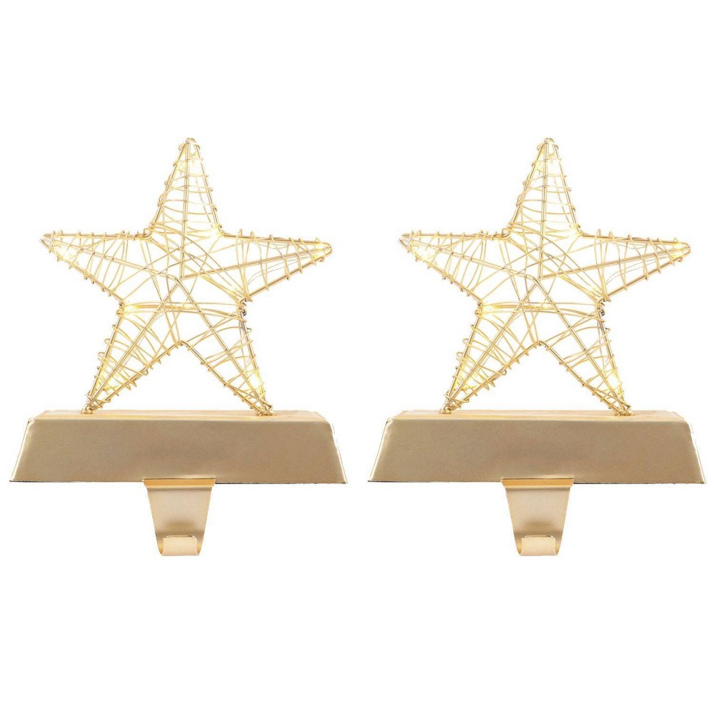 2pk Dew Drop Light Up Star Christmas Stocking Holder Light Gold - Wondershop