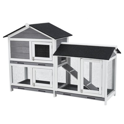 58'' Bunny Hutch Indoor with 3 Leak-Proof Trays, Waterproof Roof Rabbit Hutch , 2-Tier Wooden Bunny House/Chicken Coop