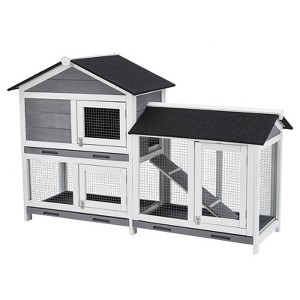 58'' Bunny Hutch Indoor with 3 Leak-Proof Trays, Waterproof Roof Rabbit Hutch , 2-Tier Wooden Bunny House/Chicken Coop - 1 of 4