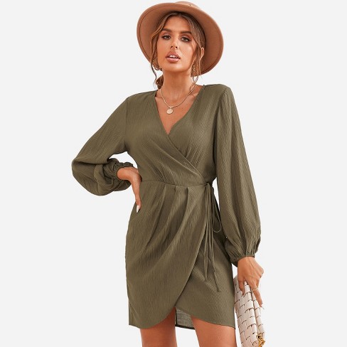Women's Peasant Long Sleeve Surplice Neck Wrap Mini Dress - Cupshe - Green  : Target