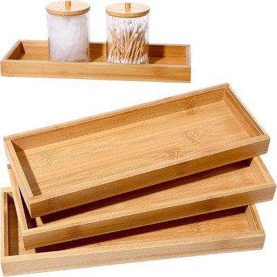 Attop 3-Piece Bamboo Tea Tray Set 11x4inch Rectangular Bathroom Counter Trays with Edges for Vanity Food Coffee Snacks
