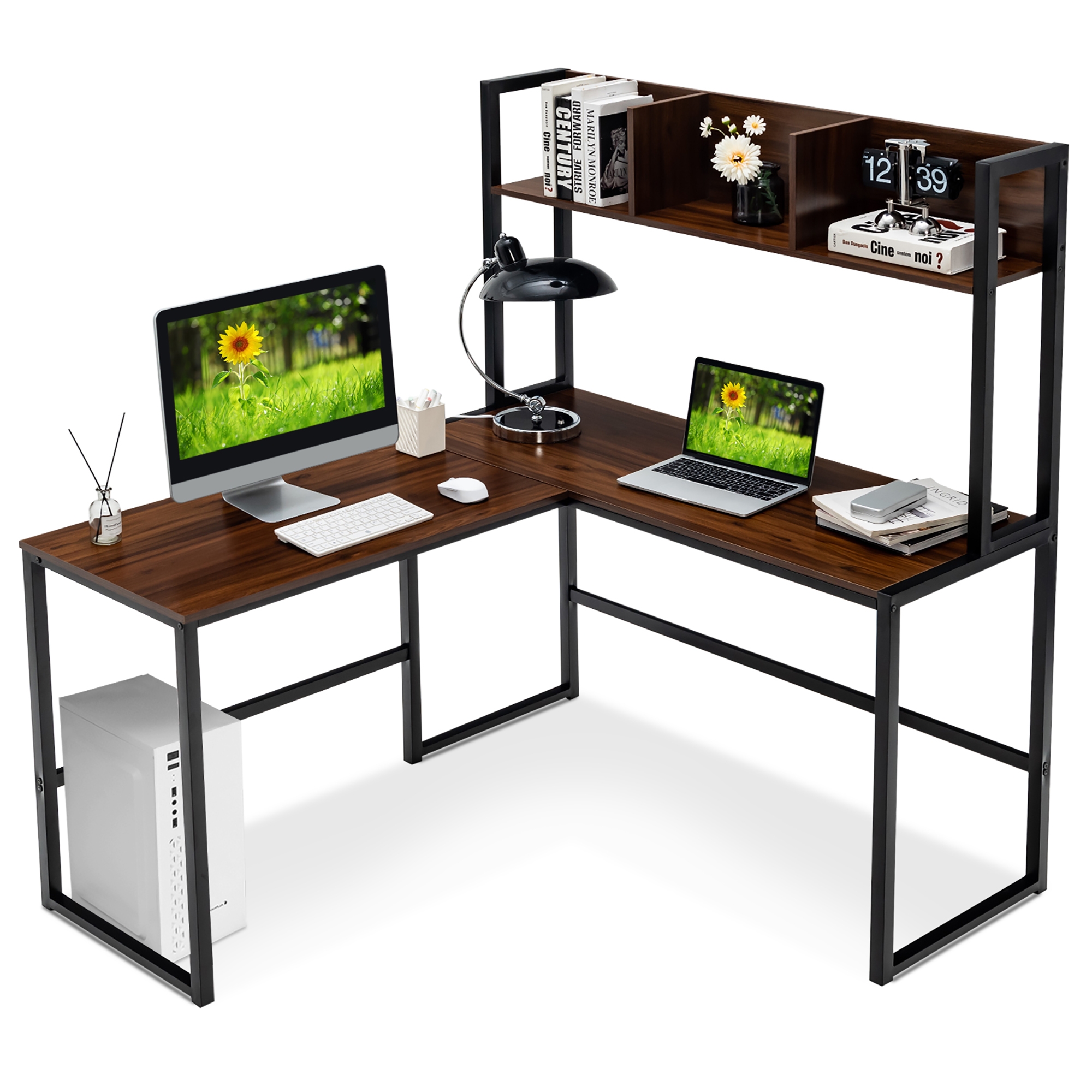 Costway 55''L-Shaped Desk Corner Computer Desk Writing Workstation Table w/Hutch Walnut