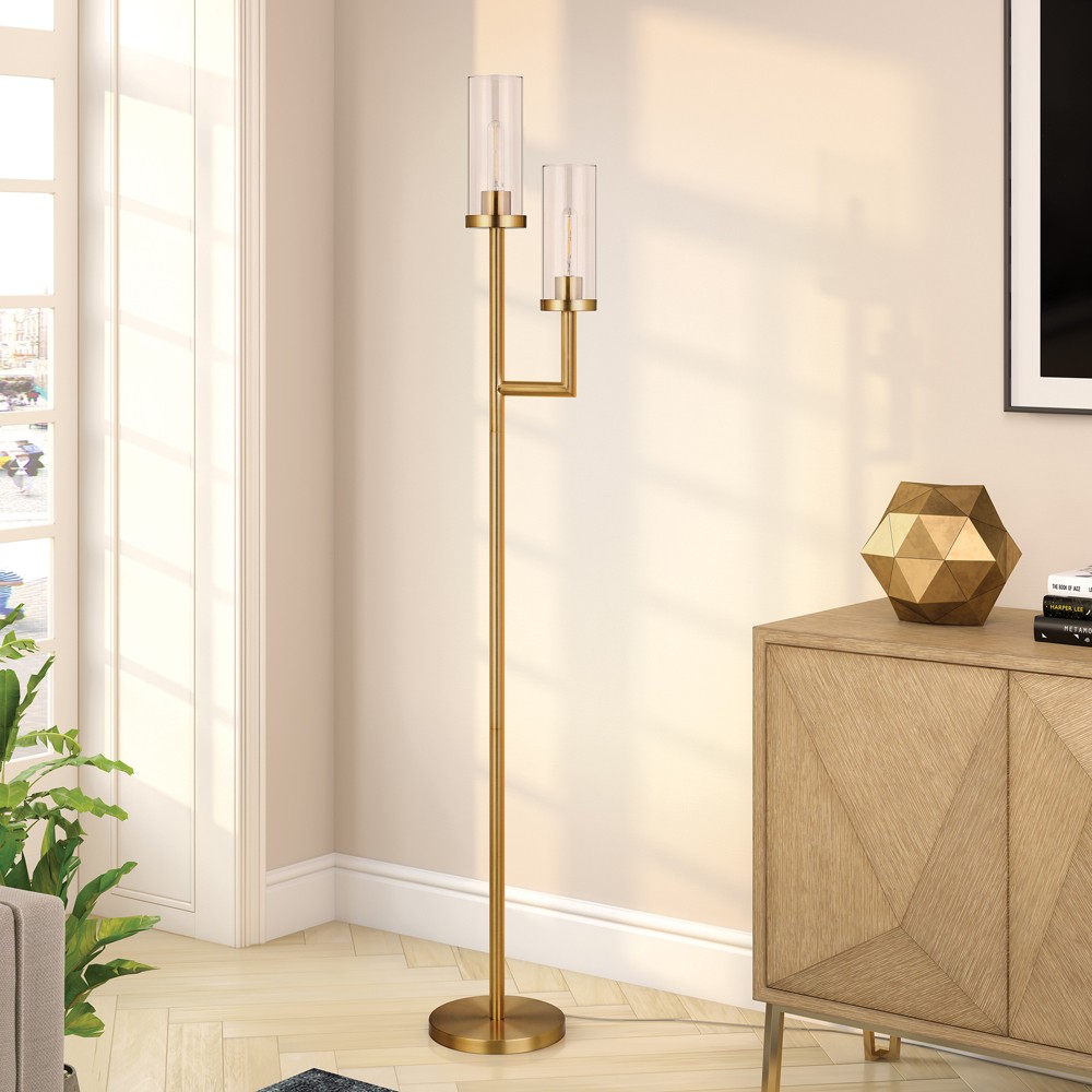 Photos - Floodlight / Street Light Hudson and Canal 2-Light Torchiere Floor Lamp with Glass Shade Brass/Clear: Elegant Metal Base, UL Listed, Push Button Switc