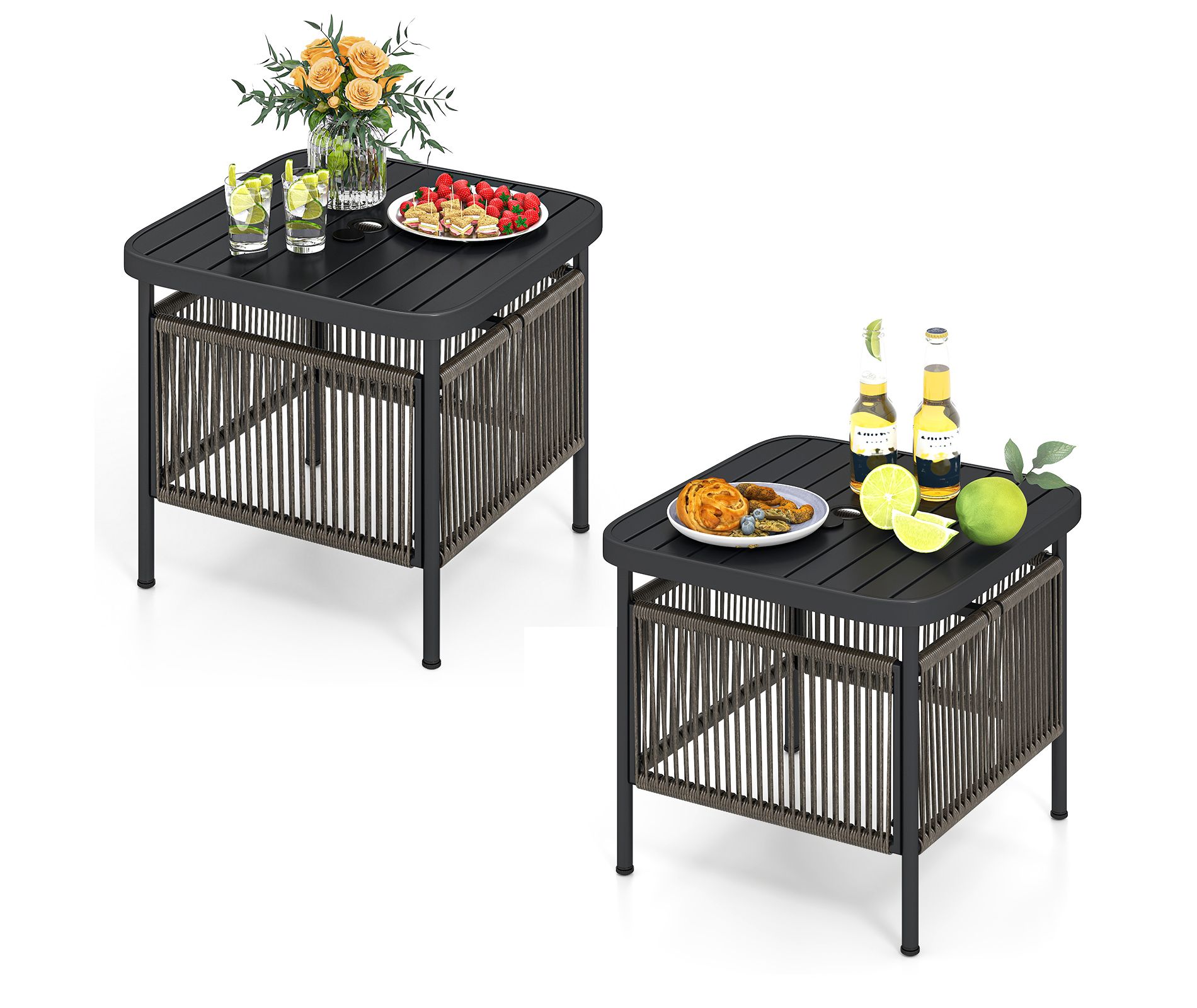 Tangkula 2 PCS Outdoor PE Rattan Side Table w/ 1.57" Umbrella Hole Square Patio End Table