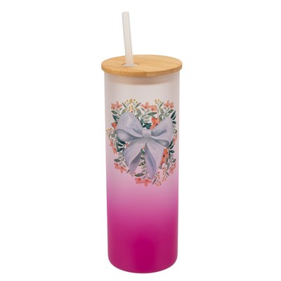 Elanze Designs 25 Ounce Frosted Glass Gradient Travel Tumbler With Straw and Wooden Lid, White Bow Floral Pink