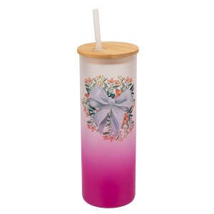 Elanze Designs 25 Ounce Frosted Glass Gradient Travel Tumbler With Straw and Wooden Lid, White Bow Floral Pink - 1 of 1