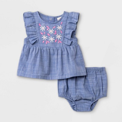 Image of Baby Girls' 2pc Chambray Top & Bottom Set - Cat & Jack™ Light Blue Newborn