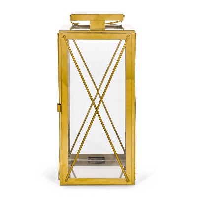 Christopher Knight Home 14"x6.25" Stainless Steel Tilson Lantern Candle Holder Gold: Modern Style, Floor Placement
