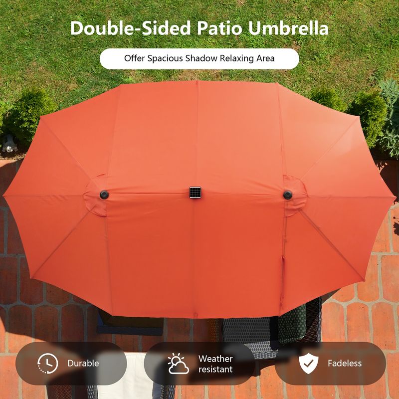 Costway 15FT Twin Patio Double-Sided Umbrella 48 Solar LED Lights Crank Outdoor Wine\Beige\Coffee\Orange, 5 of 11