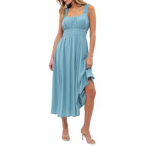August Sky Women's Solid Sleeveless Wide Ruched Straps Midi Dress - 1 of 4