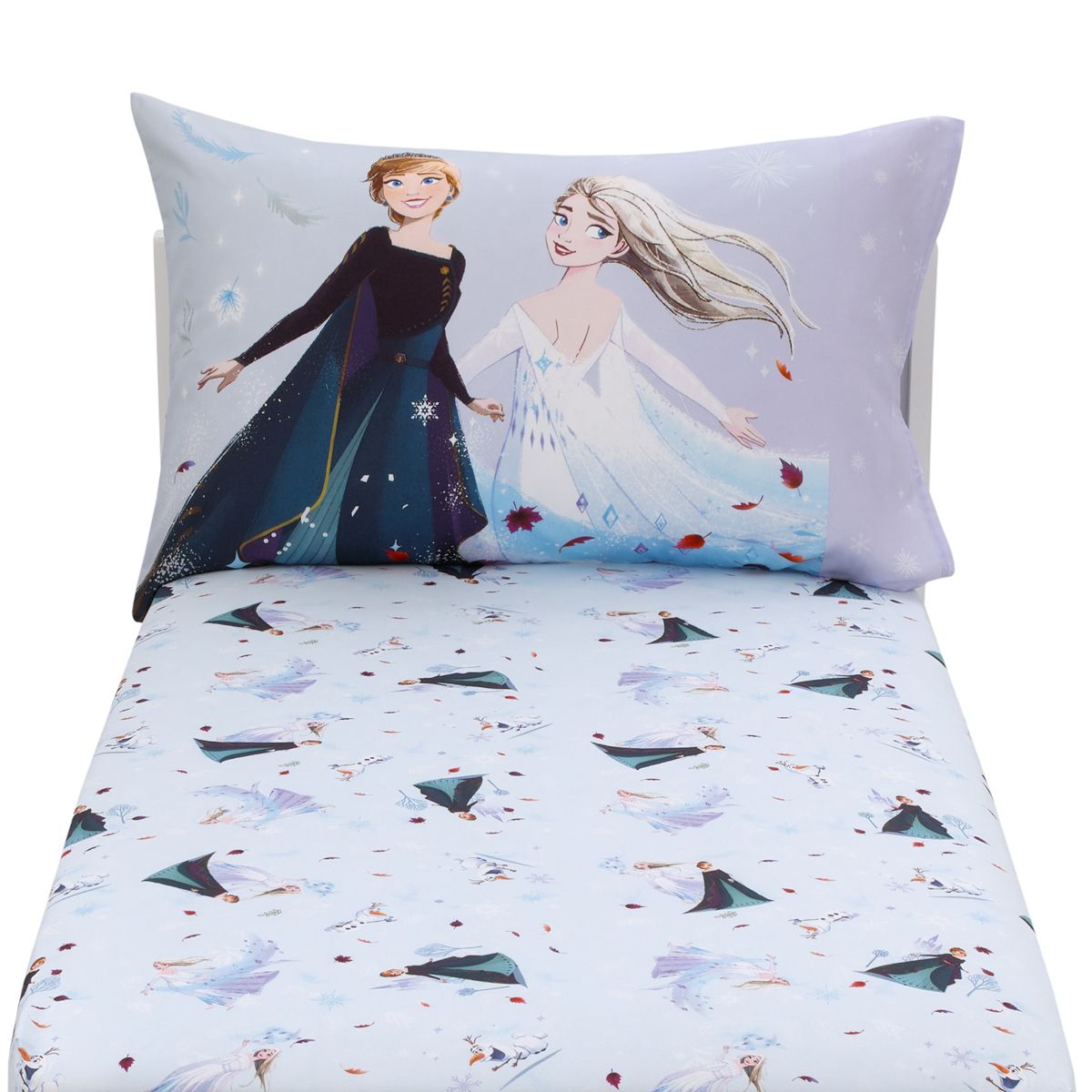 NoJo Disney Frozen Winter Cheer Lavender, Aqua and White Anna, Elsa and Olaf 2 Piece Toddler Sheet Set - Fitted Bottom Sheet and Reversible Pillowcase - thumbnail 5