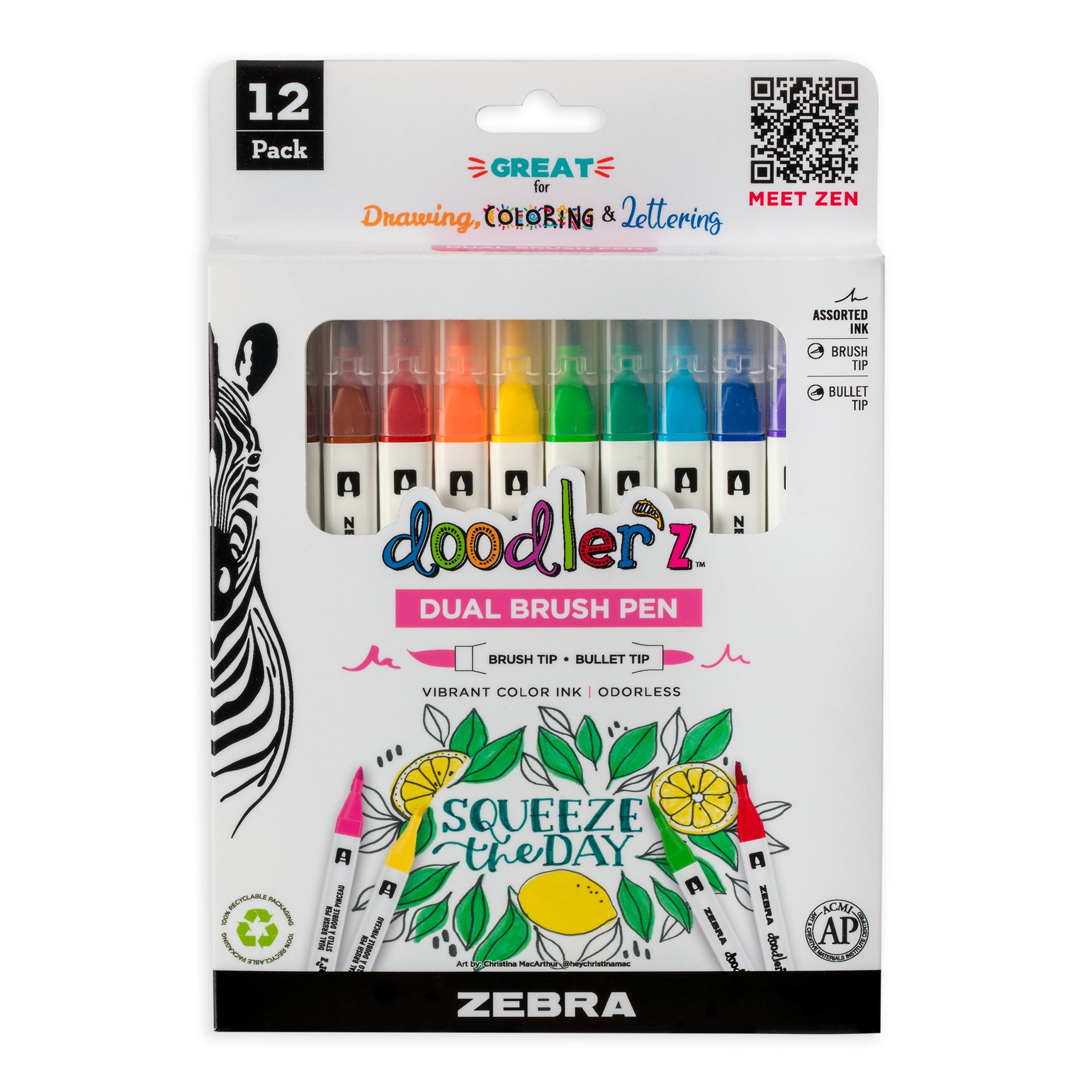 Zebra 12pk Dual Brush Pens Doodler'z Colorful Gifting: Art Stationery, 0.6mm Quick Drying Double Tip Markers, Teacher Supplies