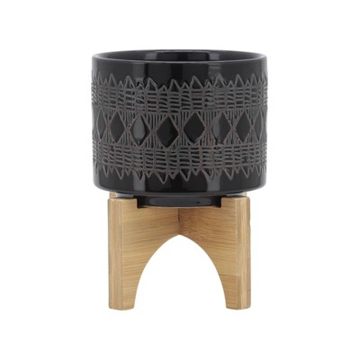 Sagebrook Home with Wooden Stand Aztec Ceramic Indoor Outdoor Planter Pot Black
