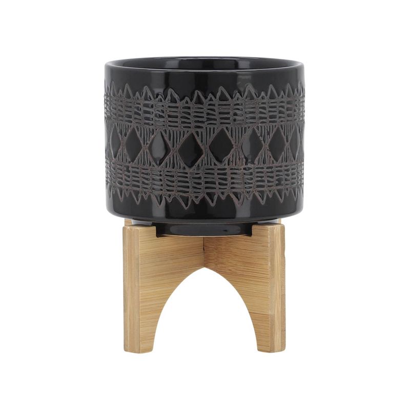 Sagebrook Home with Wooden Stand Aztec Ceramic Indoor Outdoor Planter Pot Black, 1 of 11