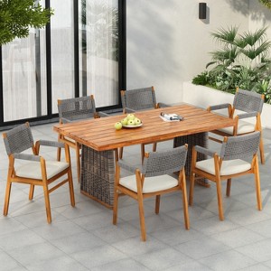 Christopher Knight Home Helena Rustic 7 Piece Outdoor Woven Rope Acacia Wood Dining Set with Rattan Slatted Table - 1 of 4