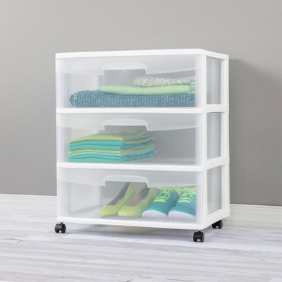 White Plastic 3-Drawer Wide Storage Cart with Casters
