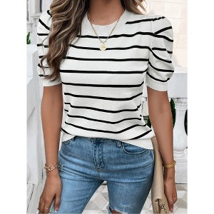 Women's Striped Puff Sleeve Knit Top - Crew Neck Structured Shoulder Fitted Casual Blouse with Timeless Stripe Pattern - 1 of 4