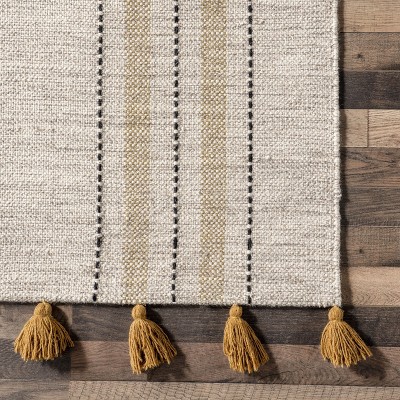 Ivory and Gray Striped Wool Cotton Handmade Area Rug, 4' x 6'