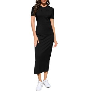 Women's Casual Short Sleeve Slim Pullover Maxi Hoodie Dress Sweatshirt Long Dresses with Pockets - 1 of 2