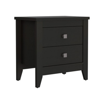 Close-up of black nightstand showing three drawers with square knobs