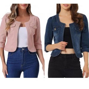 INSPIRE CHIC Women's Collarless Pockets 3/4 Sleeve Crop Denim Jackets 2 Pieces - 1 of 4