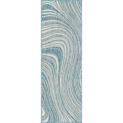 Light Aqua Abstract Flat Woven Outdoor Runner Rug