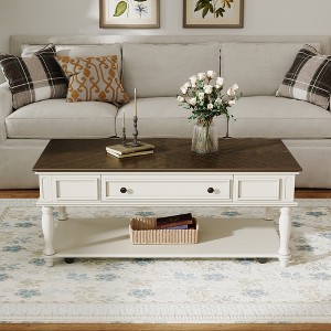 KWPZQEB Country Style Coffee Table, Movable Rectangular Cocktail Table with 4 wheels & Drawer, Retro Center Table with Solid Wood Legs for Living Room - 1 of 4