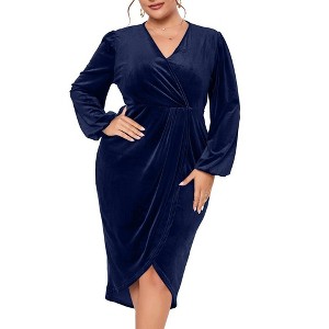 Women's Plus Size Velvet Dress V Neck Long Sleeve Bodycon Ruched Wrap Dress Casual Party Cocktail Dresses - 1 of 4