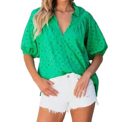 Women's Flower Embroidered Hollow-out Puff Sleeve Blouse - 1 the Woman