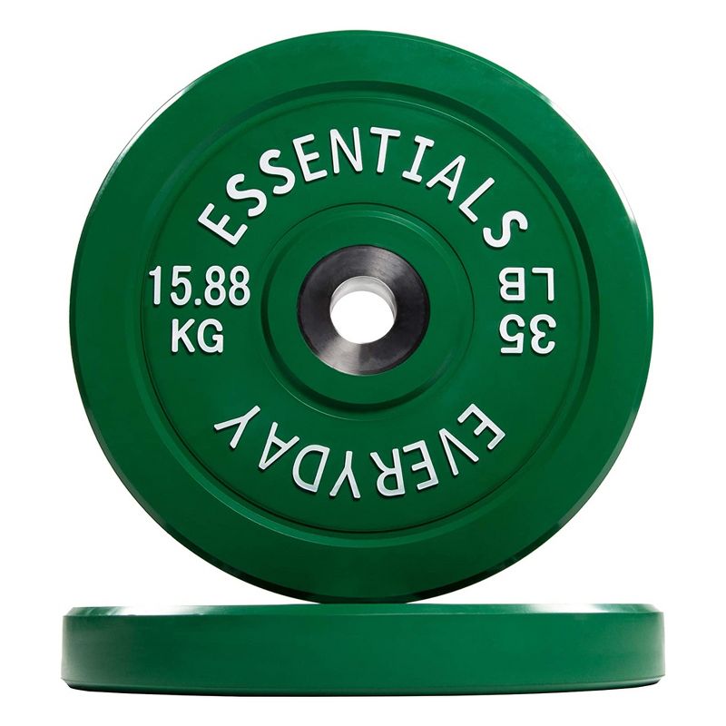 BalanceFrom Everyday Essentials 35 Pound Color Coded Rubber Olympic Barbell Dumbbell Exercise Weight Bumper Plate w/ Steel Hub Ring, Set of 2, Green, 1 of 6