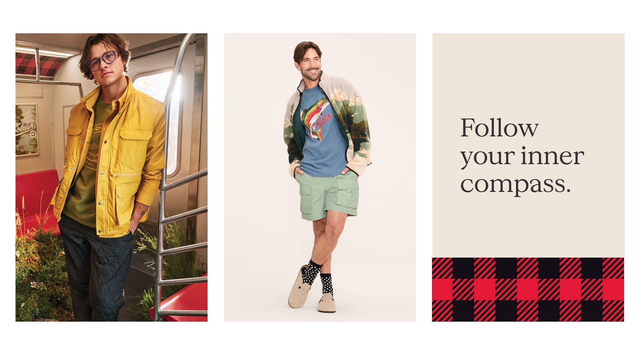 Man in yellow vest layered with yellow shirt jacket and olive forestry graphic print tee and olive quilted pants.
Man in blue rainbow trout graphic tee with landscape fleece jacket, aqua cargo shorts and navy nordic print socks.
Follow your inner compass.