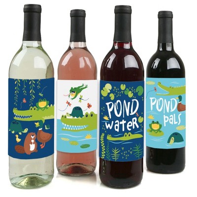 Big Dot of Happiness Pond Pals - Frog, Alligator, Turtle, Beaver and Duck Birthday Party or Baby Shower Decor - Wine Bottle Label Stickers - Set of 4