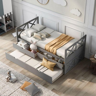 Gray Pine Twin Daybed with Storage Drawers and Trundle