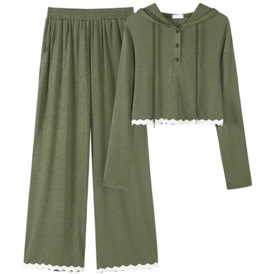 ATHLECHIC Women's Casual Lounge Cropped Half Button Hoodie Top Wide Leg Pants Ribbed Knit Tracksuit Two Piece Sets