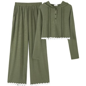 ATHLECHIC Women's Casual Lounge Cropped Half Button Hoodie Top Wide Leg Pants Ribbed Knit Tracksuit Two Piece Sets - 1 of 4