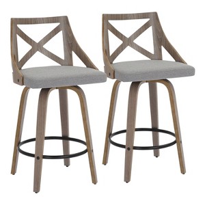 Set of 2 Charlotte Counter Height Barstools White Wash/Light Gray - LumiSource: Upholstered Swivel, Wood Frame - 1 of 4