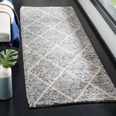 Ivory and Blue Hand-Tufted Wool Runner Rug, 27" x 7"