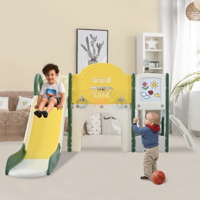 Whisen Modern Style Indoor, Outdoor 9-in-1 Freestanding Kids Slide Playset with Arch Tunnel, Ring Toss, Drawing Whiteboardl and Basketball Hoop