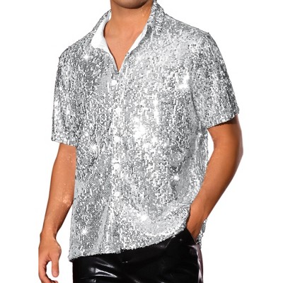 Lars Amadeus Men's Short Sleeve Button Down 70s Disco Costume Party Sparkle Sequin Dress Shirt