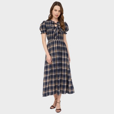 August Sky Women's Plaid Front Tie Smocked Midi Dress