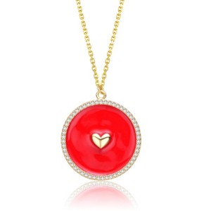 Guili 14K Yellow Gold Plated Round Pendant Necklace with Clear Cubic Zirconia & Enamel Detailing – A Stunning & Playful Jewelry Piece in Red or Blue - 1 of 2