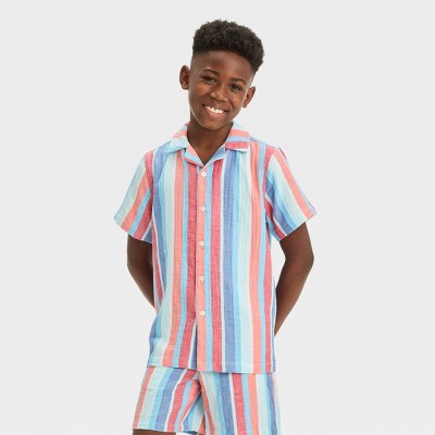Boys' Short Sleeve Americana Vertical Striped Button-Down Shirt - Cat & Jack™ Blue M