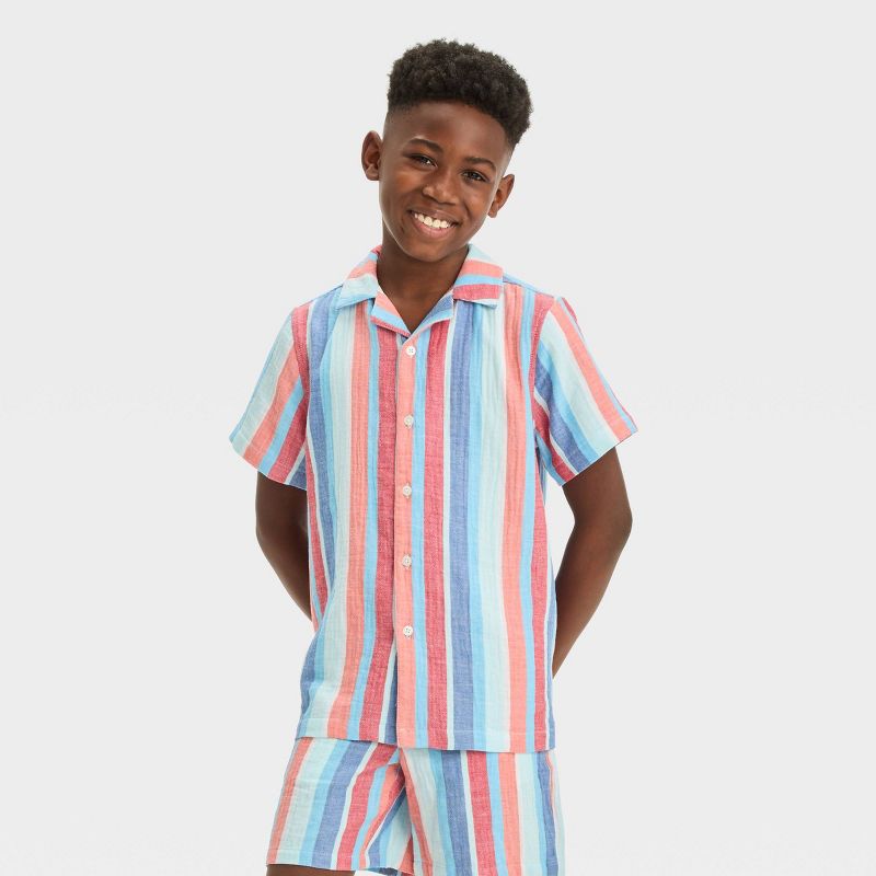 Boys' Short Sleeve Americana Vertical Striped Button-Down Shirt - Cat & Jack™ Blue, 1 of 6