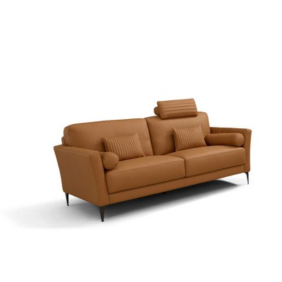 68" Saddle Tan Leather Loveseat with Metal Legs