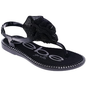 bebe Girl's T-strap Flat Sandals with Pearl, Flower, and Rhinestone Details - Sandals for Little Kid/Big Kid - 1 of 4
