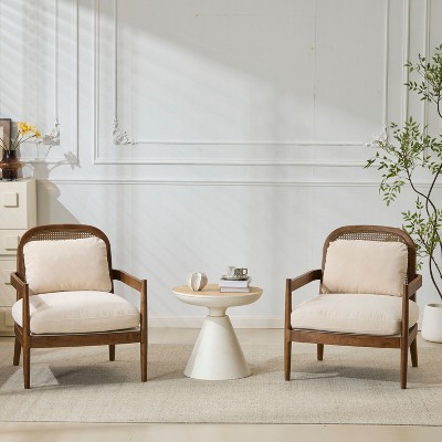 PAGED Modern Accent Chairs Set of 2, Wooden Arm Chair with Rattan Backrest and Cushion for Bedroom, Living Room Furniture