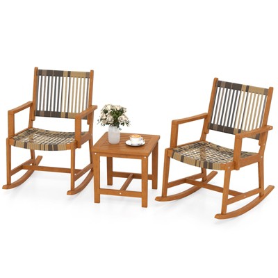 Tangkula 3 Pieces Rocking Bistro Set PE Rattan Front Porch Chairs w/ Coffee Table