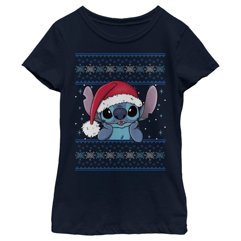 Girl's Lilo & Stitch Santa Hat Ugly Sweater T-Shirt, 1 of 5