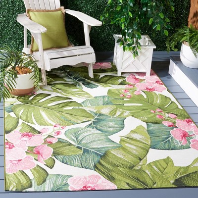 Tropical Green and Pink Synthetic Rectangular Area Rug, 5'3" x 7'6"
