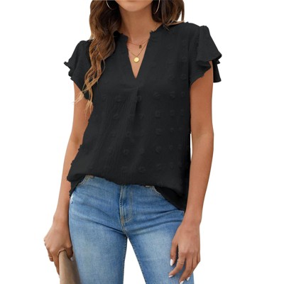 Womens White Blouse V Neck Ruffle Sleeve Flowy Shirts Dressy Casual Cute Summer Tops
